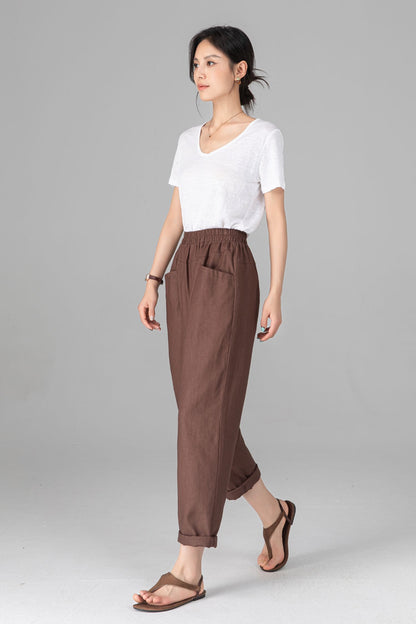Brown Linen Cotton Harem Pants - Elastic Waist Relaxed Casual Trousers C5523