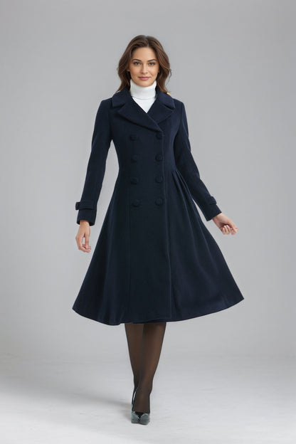 Double breasted Navy Blue Wool Coat C5136
