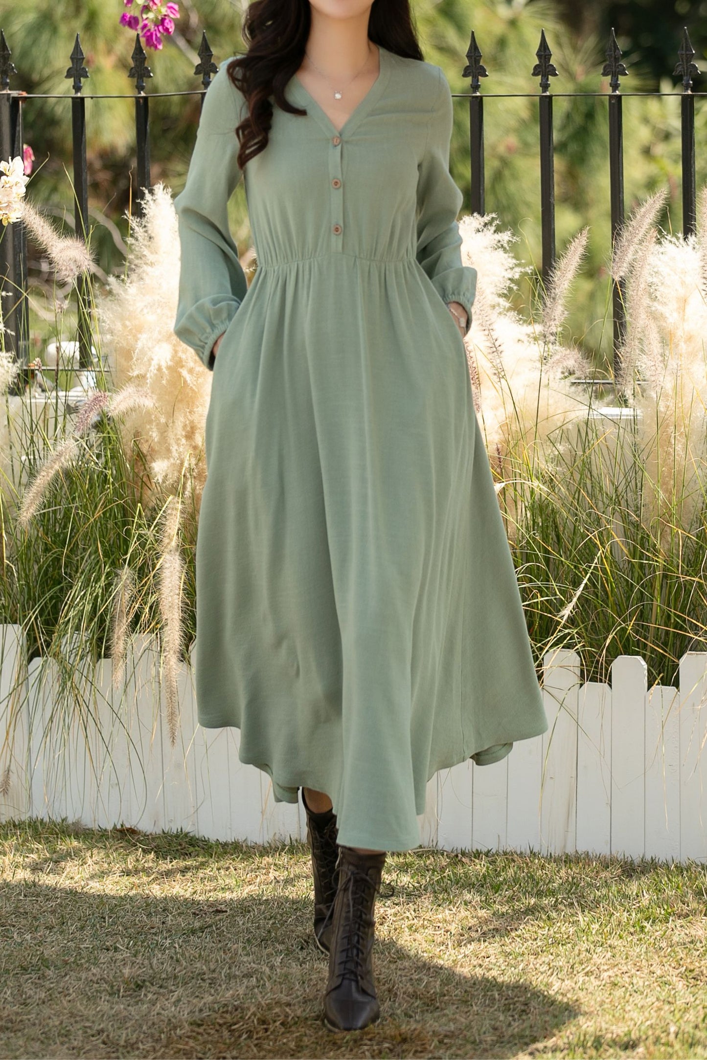 Sage Green Linen Cotton Midi Dress: Vintage Long Sleeve Button Front A-Line Dress, Ylistyle C5435