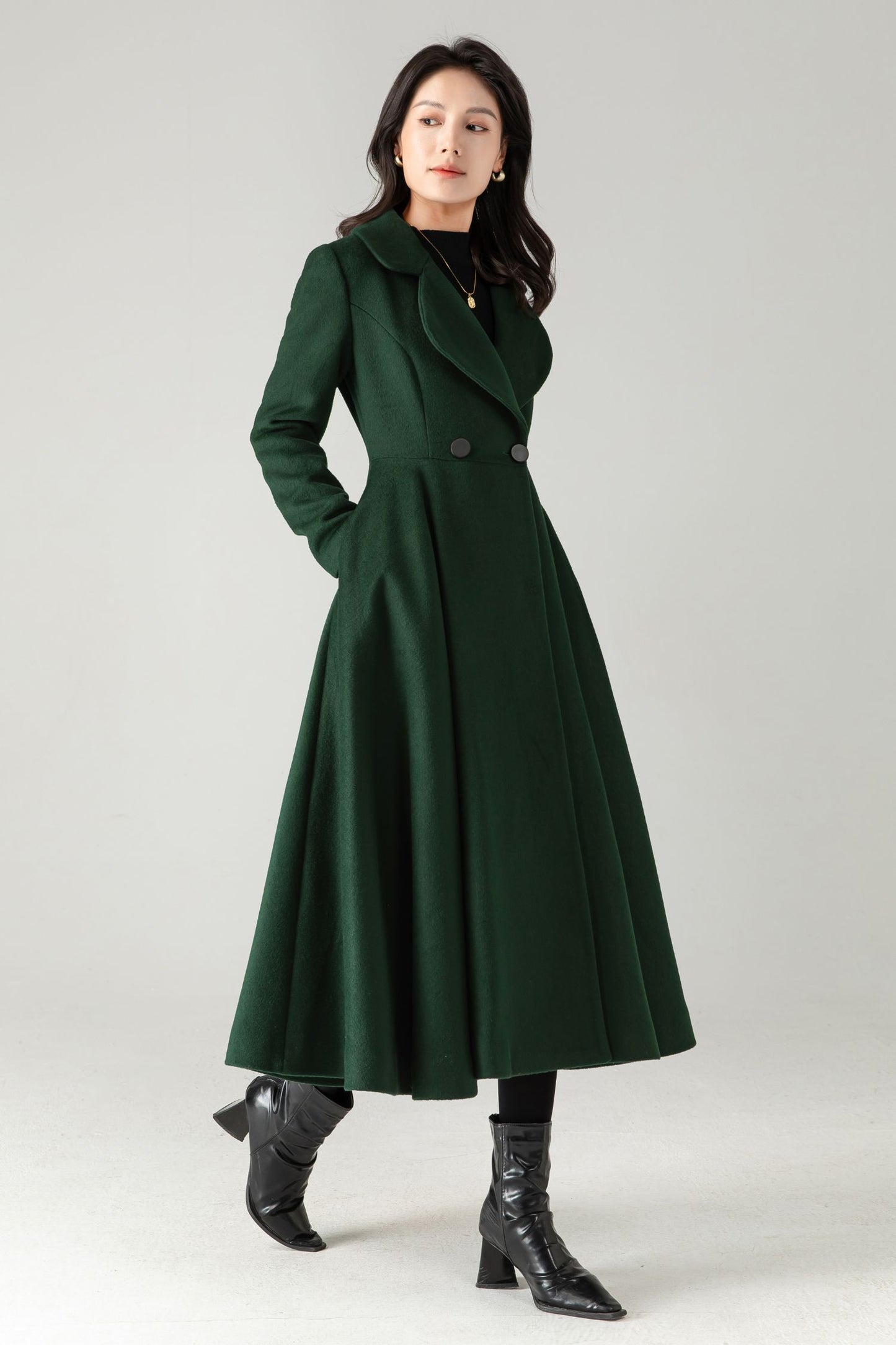 Emerald Green Wool Coat: Elegant Women's Swing Long Flared Trench Coat C5341