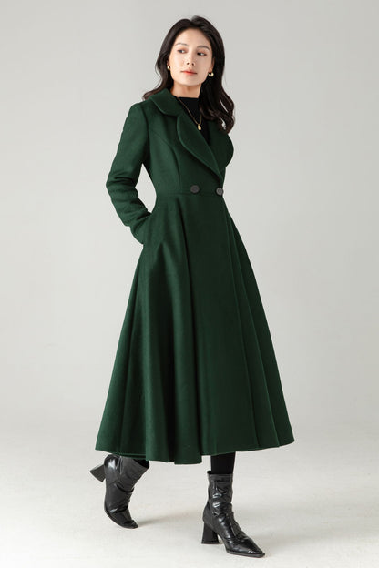 Emerald Green Wool Coat: Elegant Women's Swing Long Flared Trench Coat C5341