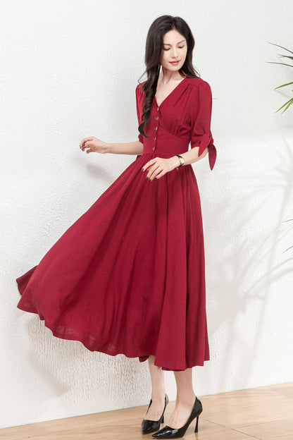 Burgundy fit and flare linen dress C4771