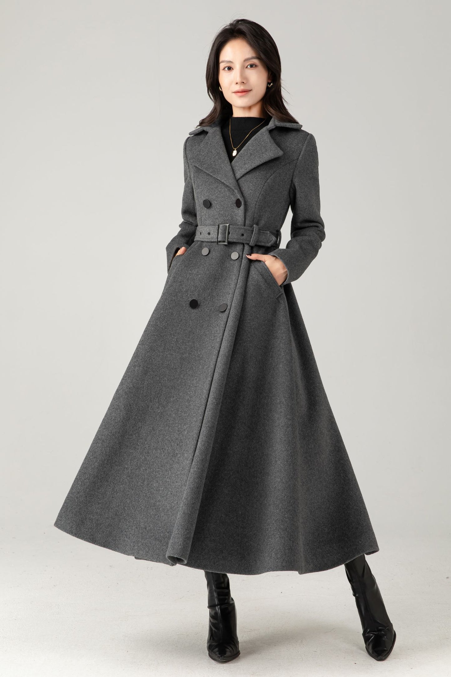Double breasted long gray winter warm wool coat C5345