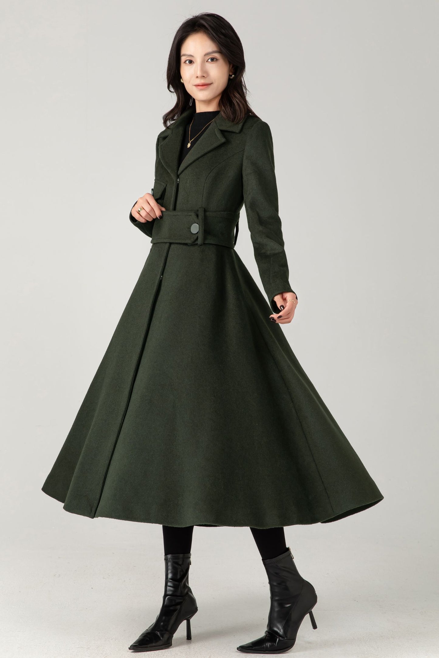 Green Wool Coat: Women’s Tailored Belted A-Line Winter Overcoa C5336