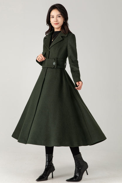 Green Wool Coat: Women’s Tailored Belted A-Line Winter Overcoa C5336