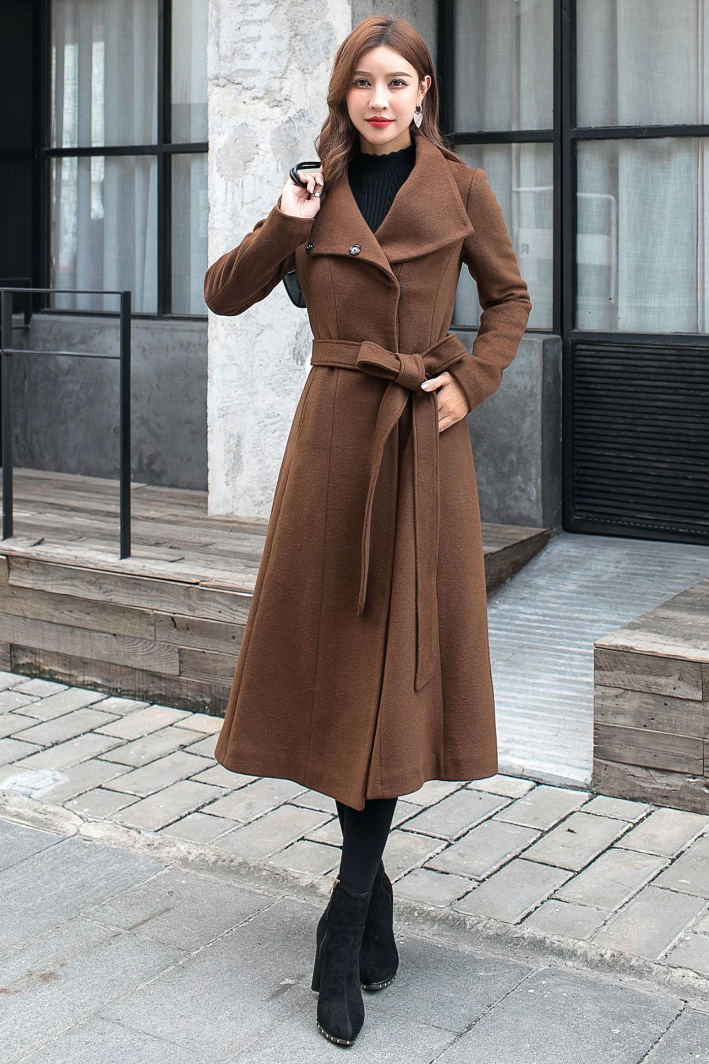 Women Brown Wool Trench Coat C2577