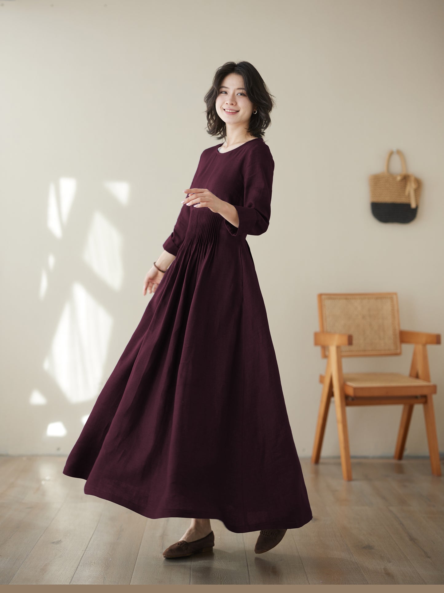Burgundy maxi summer linen dress women c4829