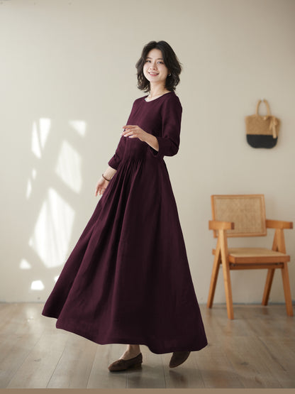 Burgundy maxi summer linen dress women c4829