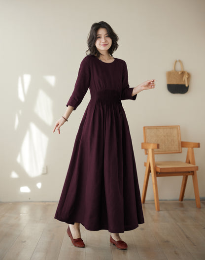 Burgundy maxi summer linen dress women c4829