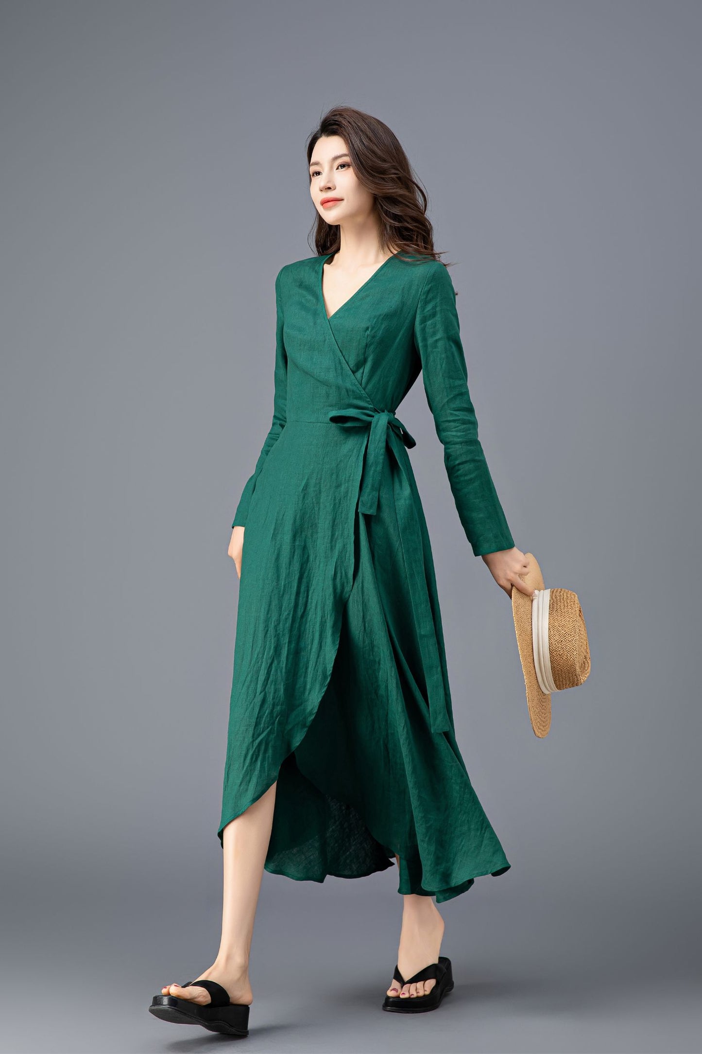 Women's Green Long Sleeves Linen Dress C3914