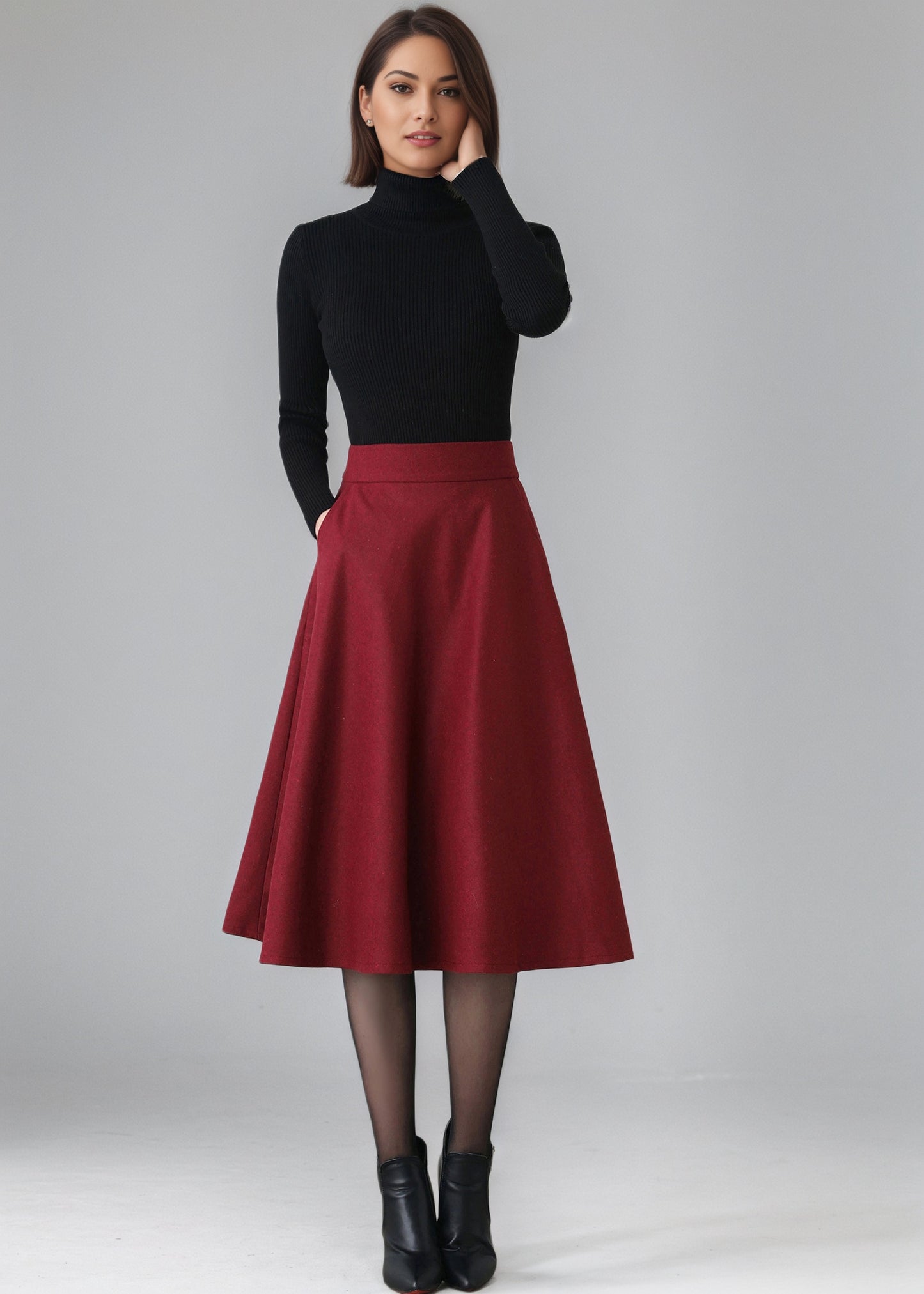 Midi High Waist Wool Skirt With Pocket C5155