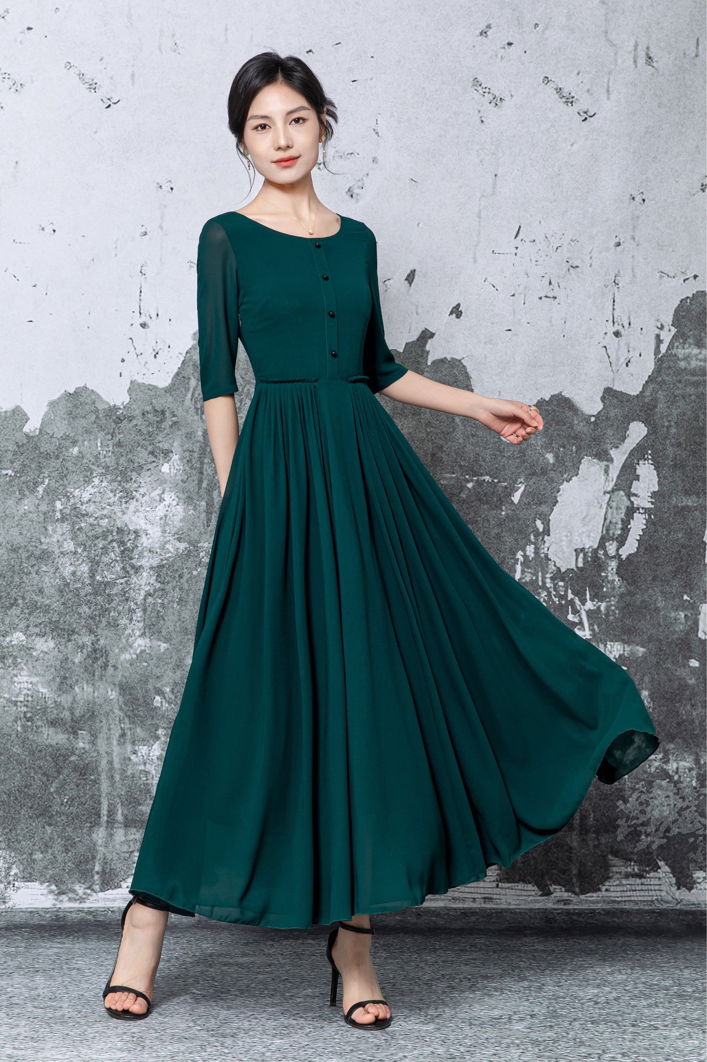 Dark Green Polyester Chiffon Maxi Dress - Pleated Fit-and-Flare with Half Sleeves c5472