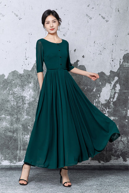 Dark Green Polyester Chiffon Maxi Dress - Pleated Fit-and-Flare with Half Sleeves c5472
