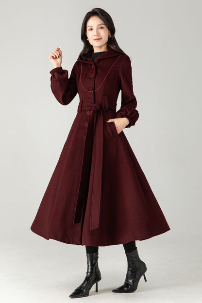 Burgundy Wool Blend Hooded Coat: Retro Belted A-Line Long Winter Coat C5343