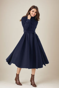 Navy Blue Long winter Wool Coat C4324