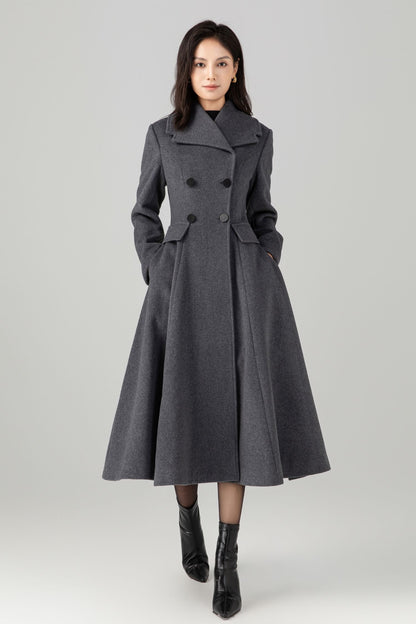 Gray double breasted long wool coat C5270