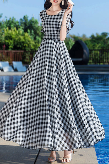 Summer New Plaid Printed Chiffon Dress C4049