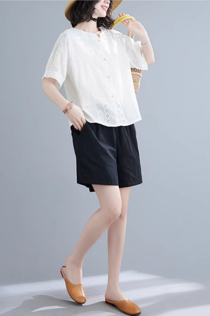 Button front embroidery blouse top C5047