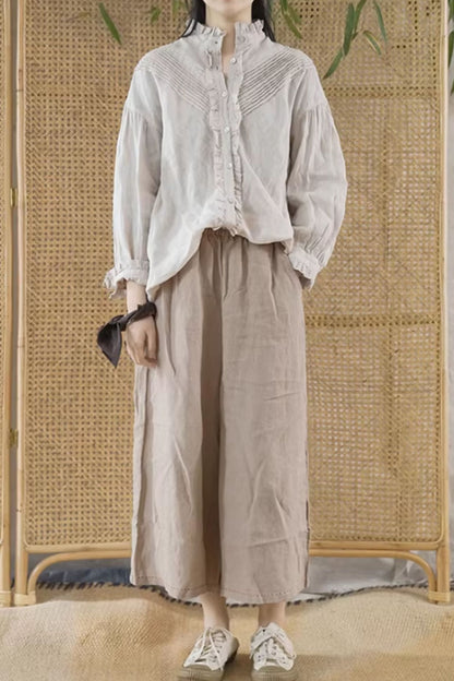 Casual linen shirt top with ruffle details C5428