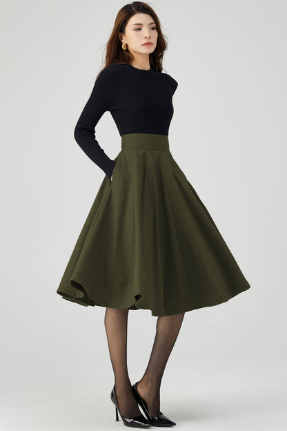 Women Knee Length Army Green Wool Skirt C4526