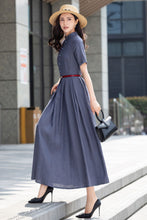 Load image into Gallery viewer, Summer Linen Button up Gray maxi Swing Dress C2829
