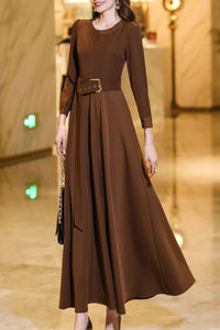 Brown long-sleeved round neck long dress C4180