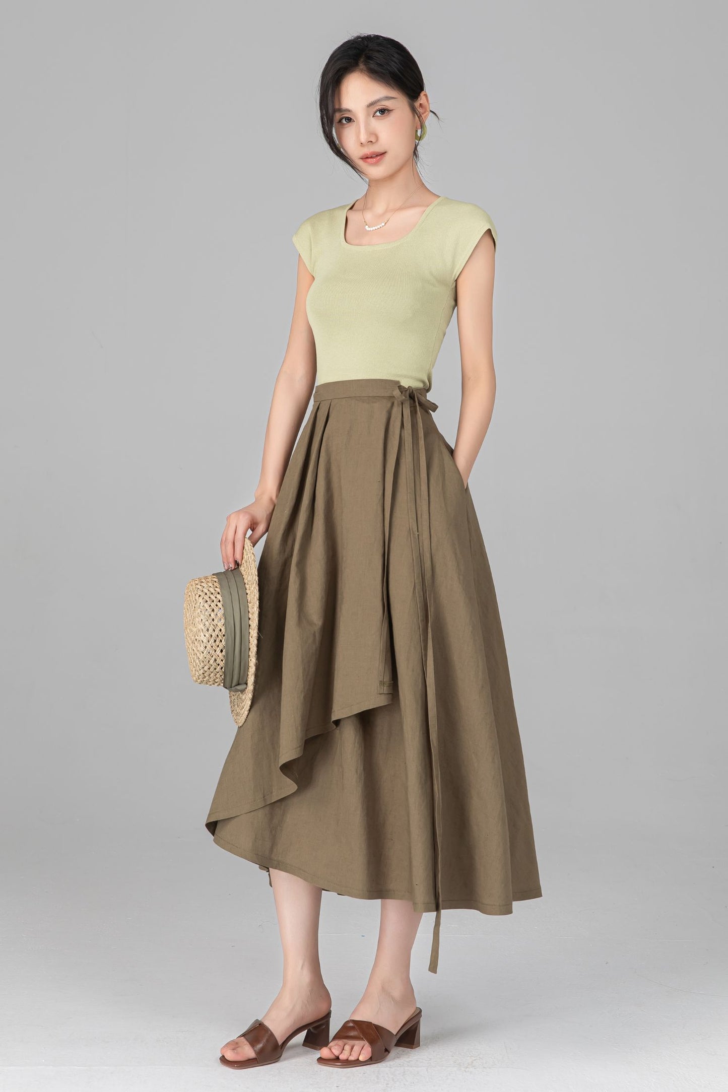 Green Linen Cotton Wrap Midi Skirt - Asymmetrical Flowy Pleated A-Line c5519