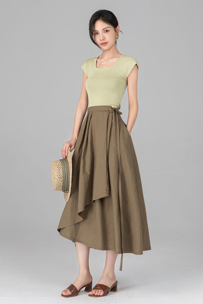 Green Linen Cotton Wrap Midi Skirt - Asymmetrical Flowy Pleated A-Line c5519