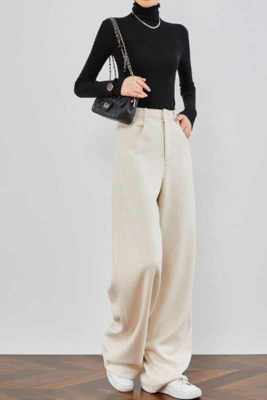 Wide leg beige long wool pants C4666