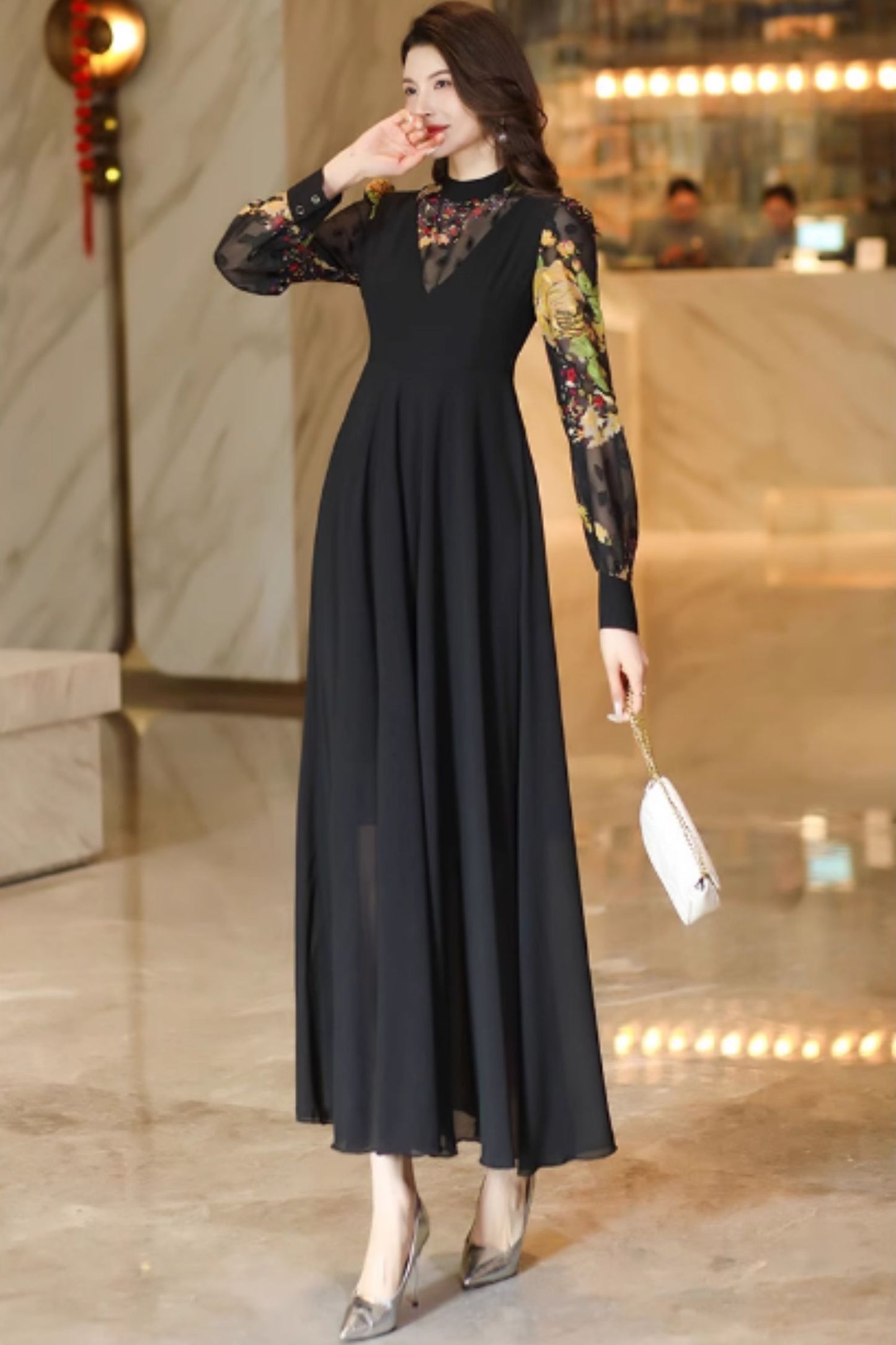 Fit and flare block color maxi chiffon dress C4929