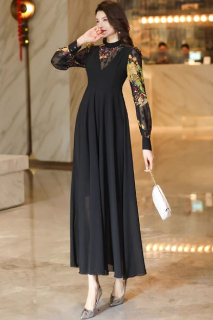 Fit and flare block color maxi chiffon dress C4929