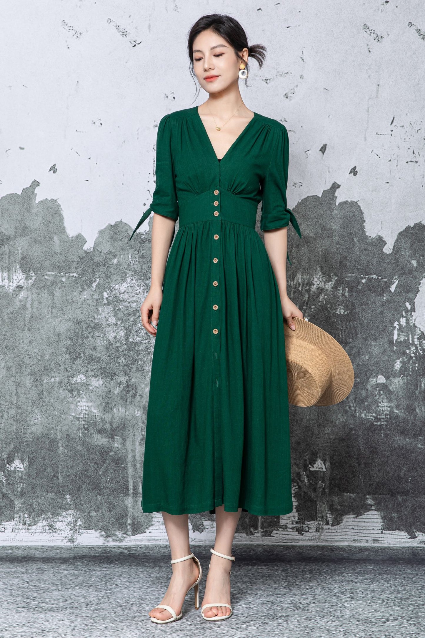 Dark Green Linen Midi Dress - V-Neck Button Front with Puff Sleeves c5473