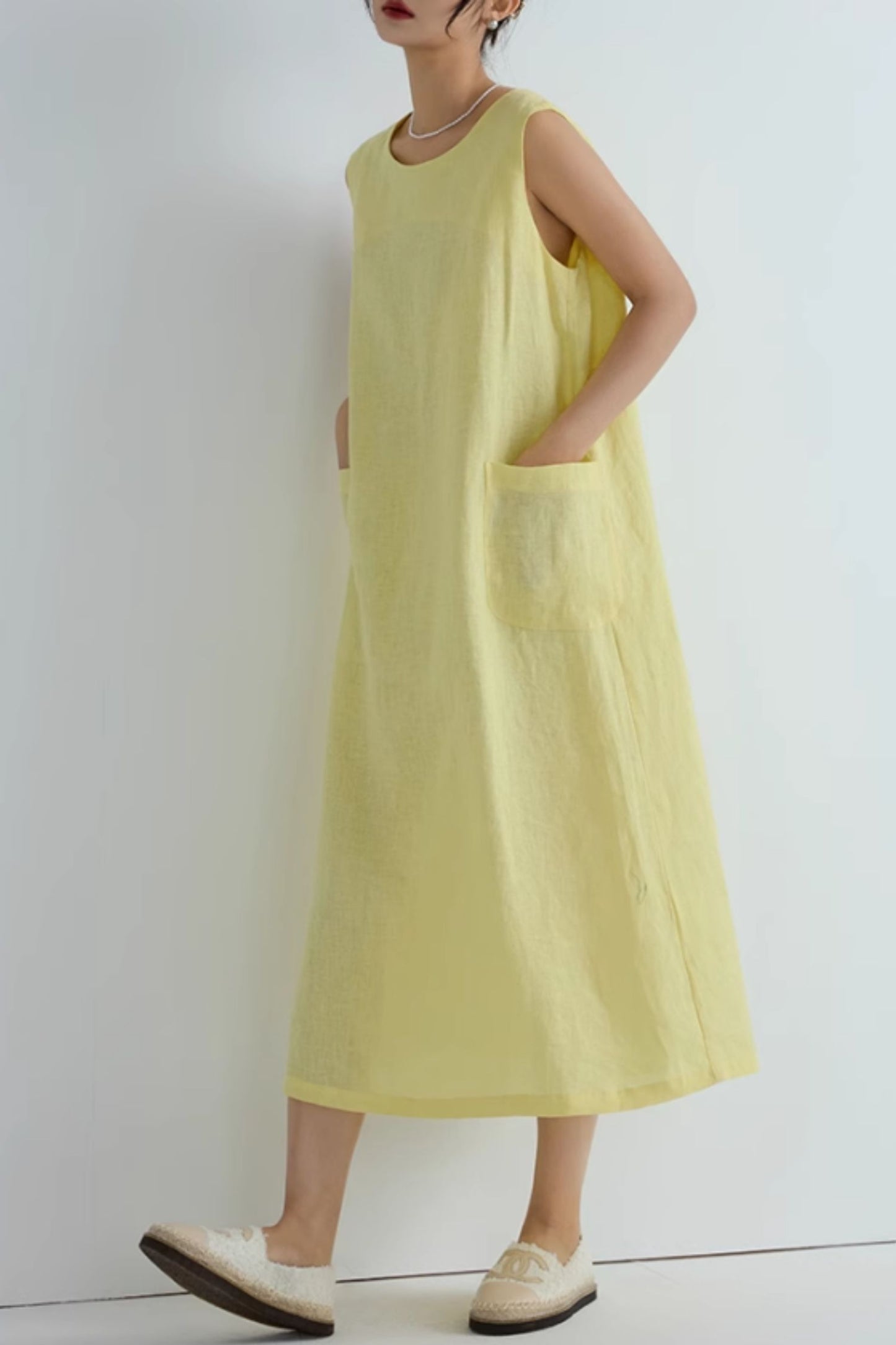 Loose fitting yellow summer linen dress C5066