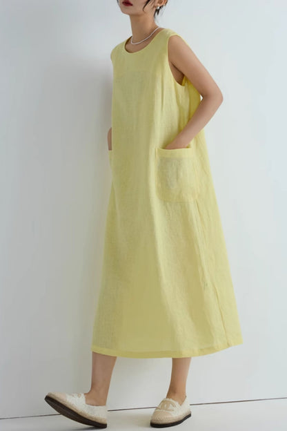 Loose fitting yellow summer linen dress C5066
