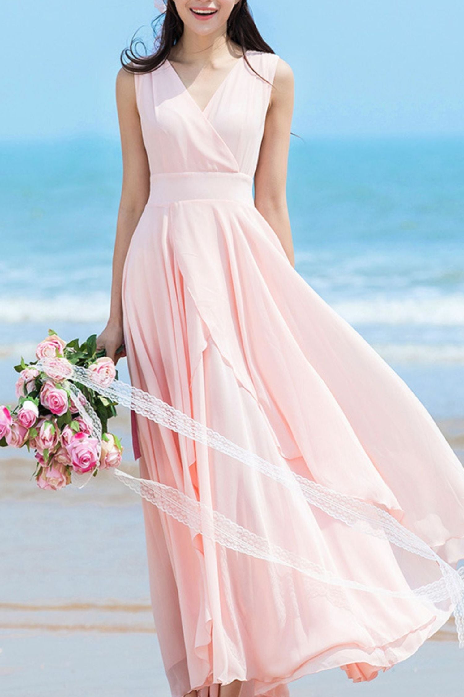 chiffon maxi dress sleeveless Floral Chiffon Maxi Dress, Sleeveless Beachwear