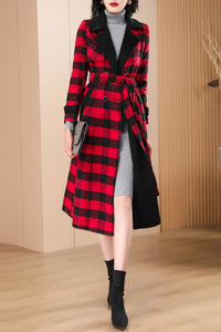 Women's Autumn and winter red plaid wool coat C4210