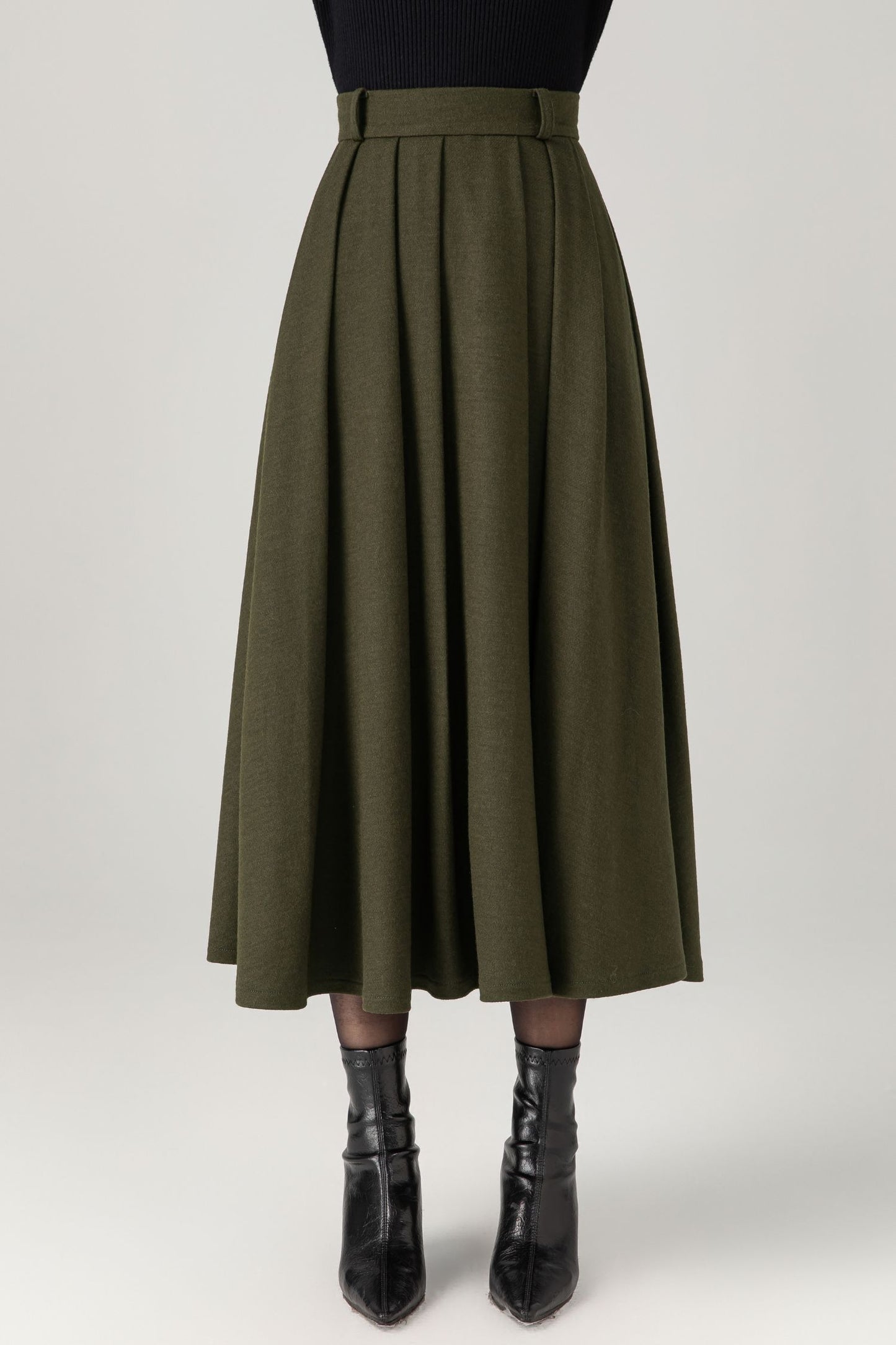 Army green midi winter wool skirt C5276