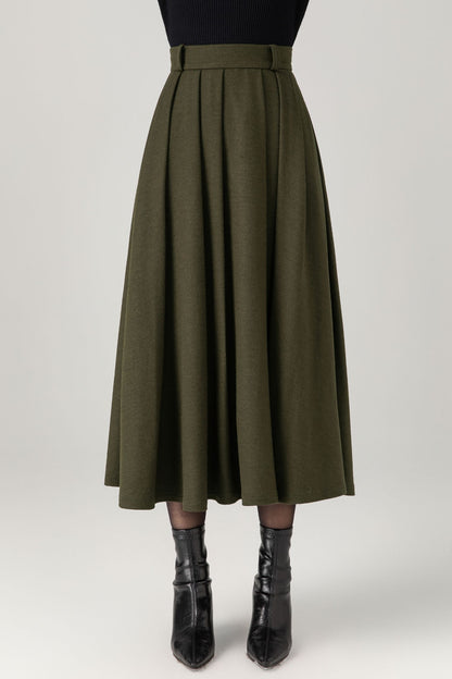 Army green midi winter wool skirt C5276