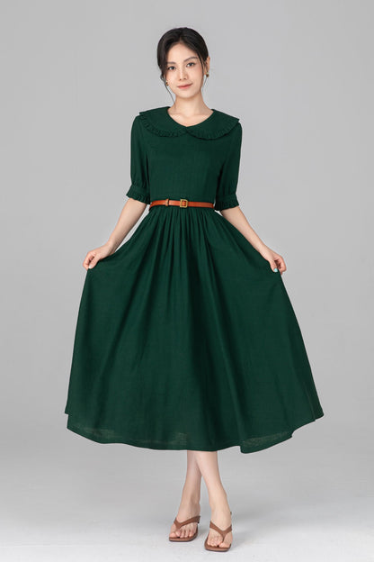 Dark Green Linen Midi Dress - Peter Pan Collar, Puff Sleeve c5515