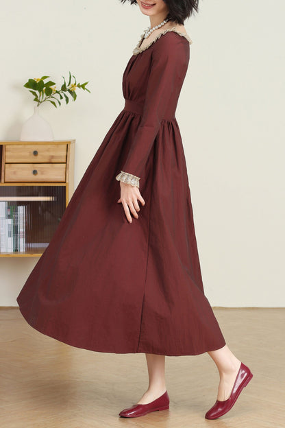 Women's Burgundy Princess linen dress C4735