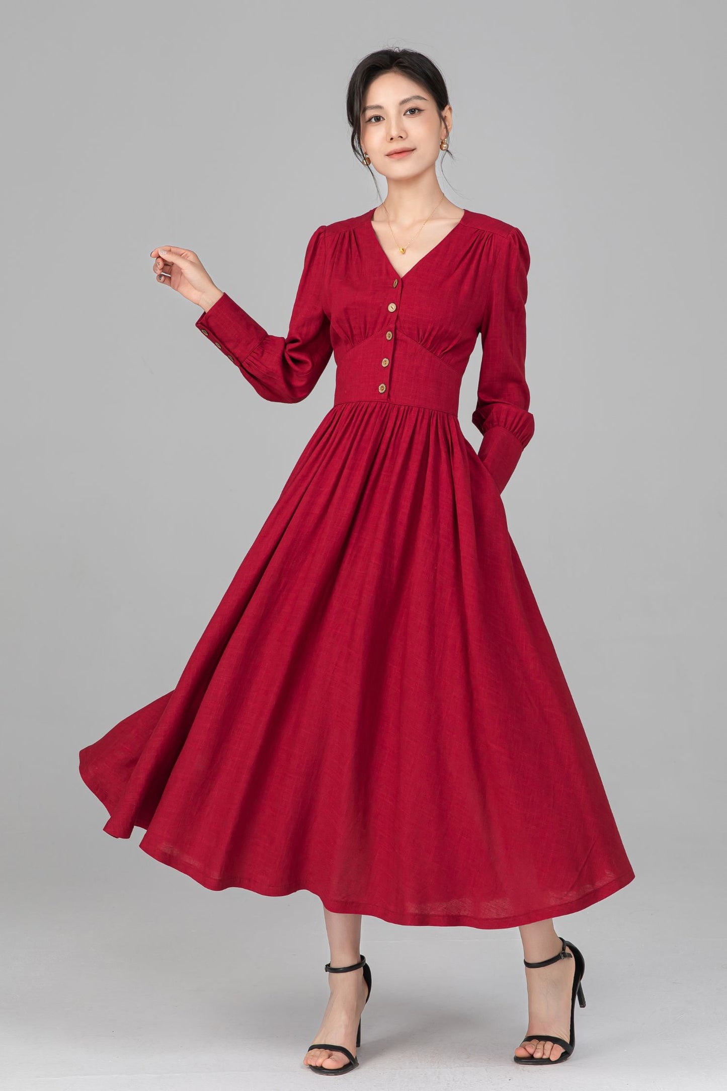 Red Linen Midi Dress - Button Front, V-Neck, Long Sleeve c5516