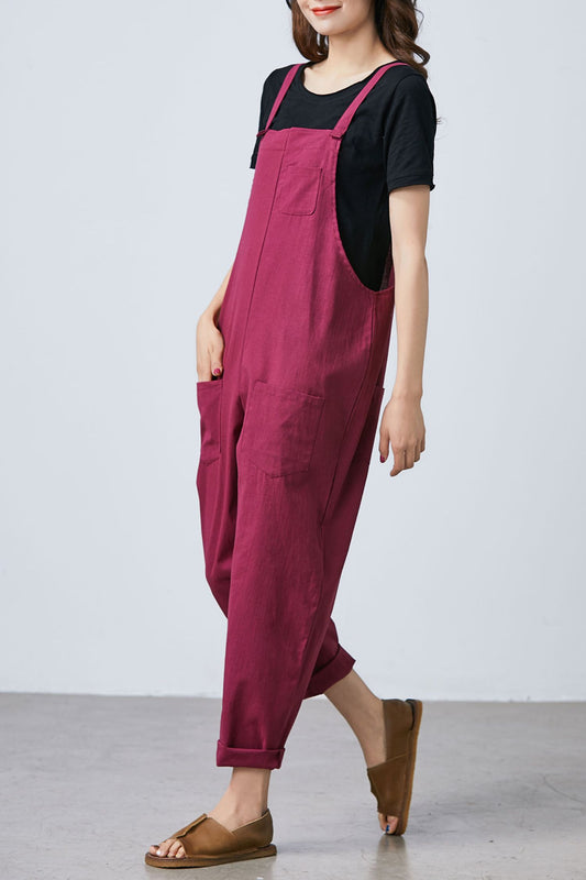 Burgundy Linen Jumpsuit Overalls - Relaxed Fit with Pockets C1692