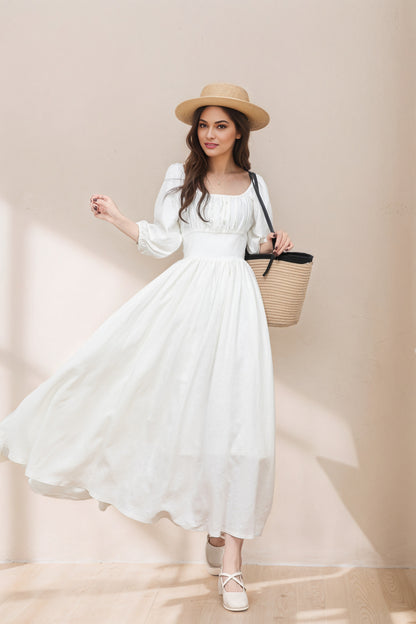 White Linen Swing Dress - Flowy Midi linen Dress C5333