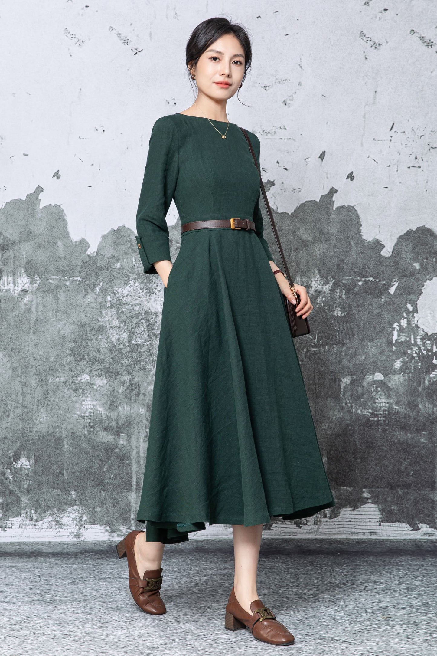 Dark Green Linen Midi Dress - Fit & Flare A-Line with Pockets c5460