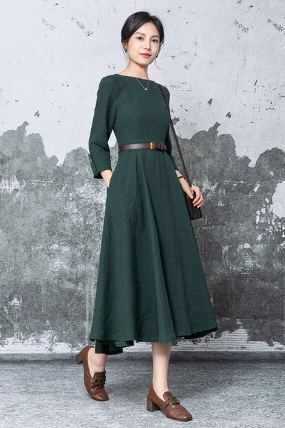 Dark Green Linen Midi Dress - Fit & Flare A-Line with Pockets c5460