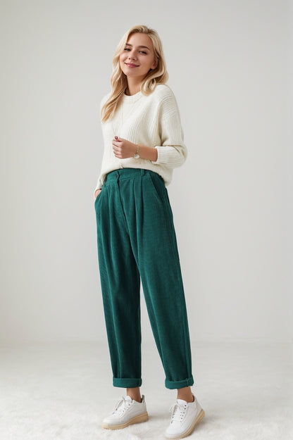 Green wide leg corduroy winter pants C4346