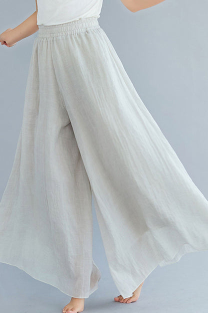 Dark Blue Cotton Linen Wide-Leg Pants - Elastic Waist, Lined TT0053