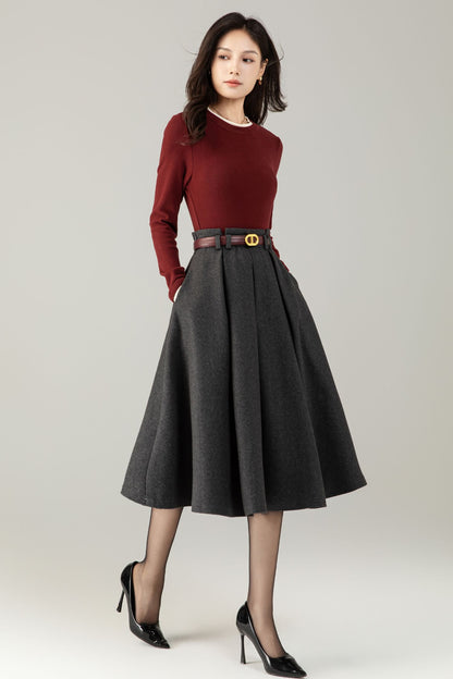 High waist a line gray winter wool skirt C5240