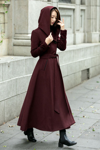 Burgundy Wool Maxi Coat with Hood and Fit Flare Silhouette Burgundy / XS