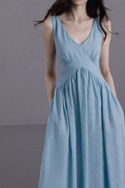 Blue elegant summer sleeveless linen dress C5061